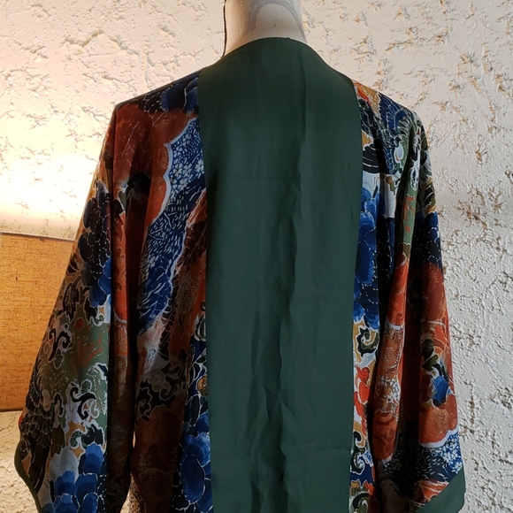 Kimono Green Panel Open Front Cardigan Coat Lounge Spa Tunic Top Boho Kawaii Art - Picture 5 of 5